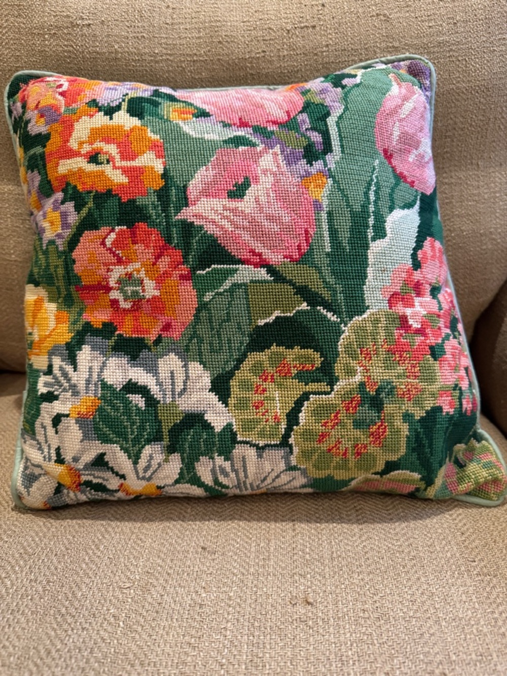 Handcrafted Floral Needlepoint Decorative Pillow - Green, Pink & Yellow